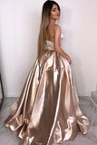 Strapless Rose Gold A Line Long Simple Prom Dress PFP1413