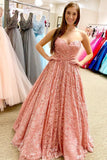 Pink Lace Long A Line Sweetheart Prom Dresses PFP1417