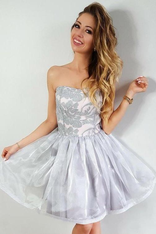 A-Line Strapless Gray Short Organza Homecoming Party Dress with Lace A Promfast A-Line Strapless Gray Short Organza Homecoming Party Dress with Lace A Promfast