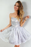 A-Line Strapless Gray Short Organza Homecoming Party Dress with Lace Appliques PFH0015