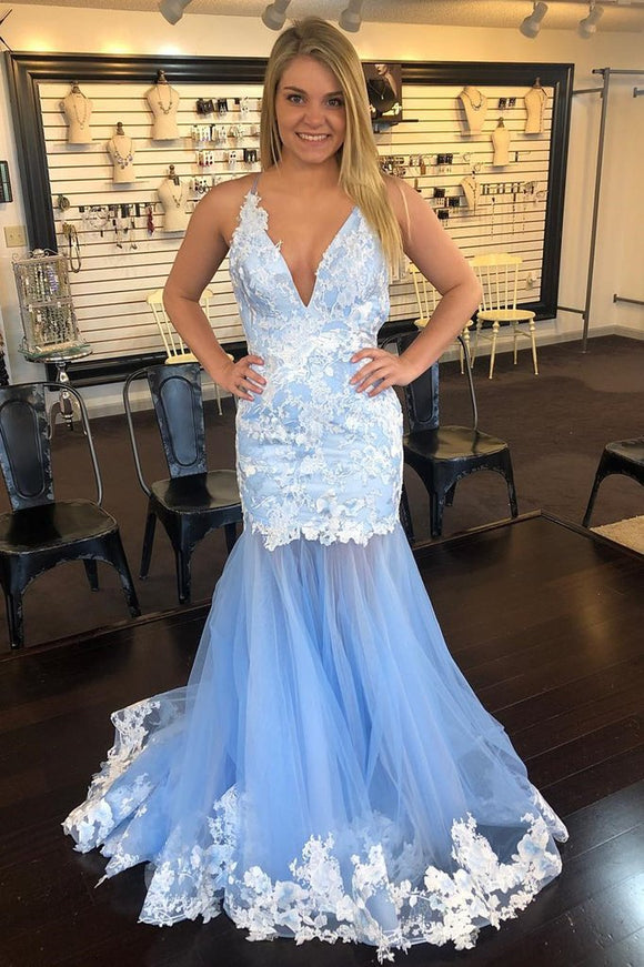 Mermaid V-Neck Tulle Long Prom Dress with Lace Appliques PFP1418