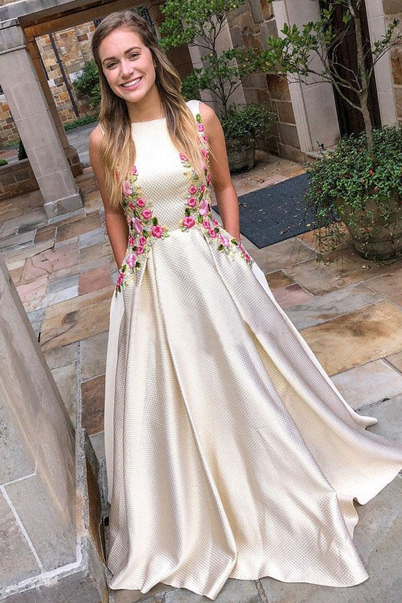 Fashion Boat Neck V Back Floral Embroidery Long Prom Dress with Pockets PFP1420