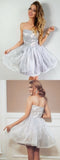 A-Line Strapless Gray Short Organza Homecoming Party Dress with Lace Appliques PFH0015