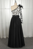 Promfast One-Shoulder Black Long Appliqued Split Prom Dress With Pockets Feathers PFP1910