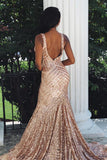 Charming Mermaid Backless Sequins Rose Gold Long Prom Dress PFP1424