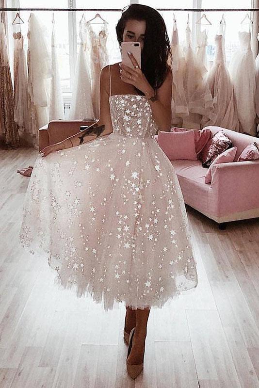 A Line Spaghetti Straps Tea Length Pearl Pink Prom Wedding Dress With Stars PFP1426
