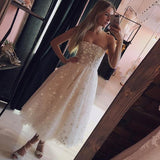 A Line Spaghetti Straps Tea Length Pearl Pink Prom Wedding Dress With Stars PFP1426