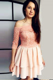 Off the Shoulder 3/4 Sleeves A Line Short Homecoming Dress with Lace PFH0017