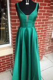 Promfast A-Line V Neck Blue Satin Long Prom/Formal Dress With Pockets PFP1911