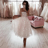 A Line Spaghetti Straps Tea Length Pearl Pink Prom Wedding Dress With Stars PFP1426