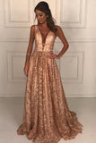 A-Line Deep V-Neck Floor-Length Lace Prom Dress with Beading PFP1427