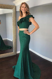 Cheap Two Pieces Mermaid One Shoulde Green Prom Dress With Ruffles PFP1430