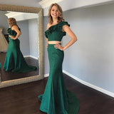 Cheap Two Pieces Mermaid One Shoulde Green Prom Dress With Ruffles PFP1430