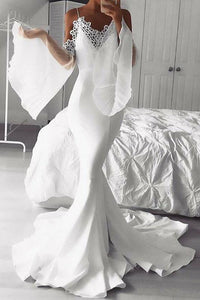 Mermaid Cold Shoulder Flare Sleeves White Prom Dress with Lace PFP1431