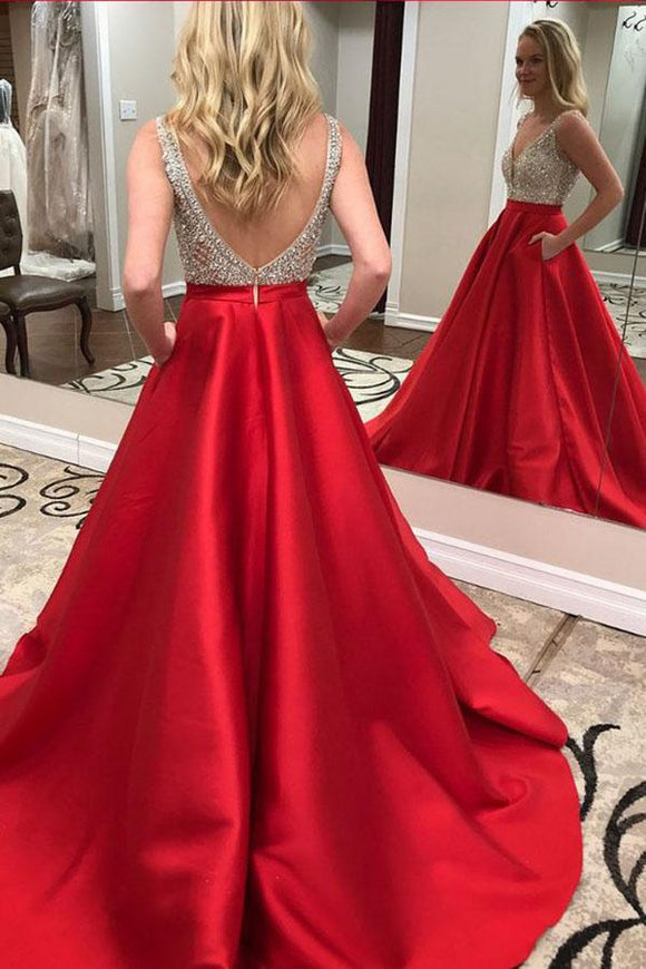 Red A Line Long Backless Beaded Prom Dress with Pockets PFP1432