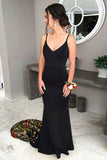 Mermaid Spaghetti Straps Sweep Train Black Prom Dress with Floral Embroidery PFP1434