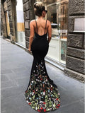 Mermaid Spaghetti Straps Sweep Train Black Prom Dress with Floral Embroidery PFP1434