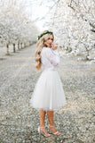 Off White Tulle Long Sleeve Lace Two Pieces Short Cheap Homecoming Dresses PFH0018