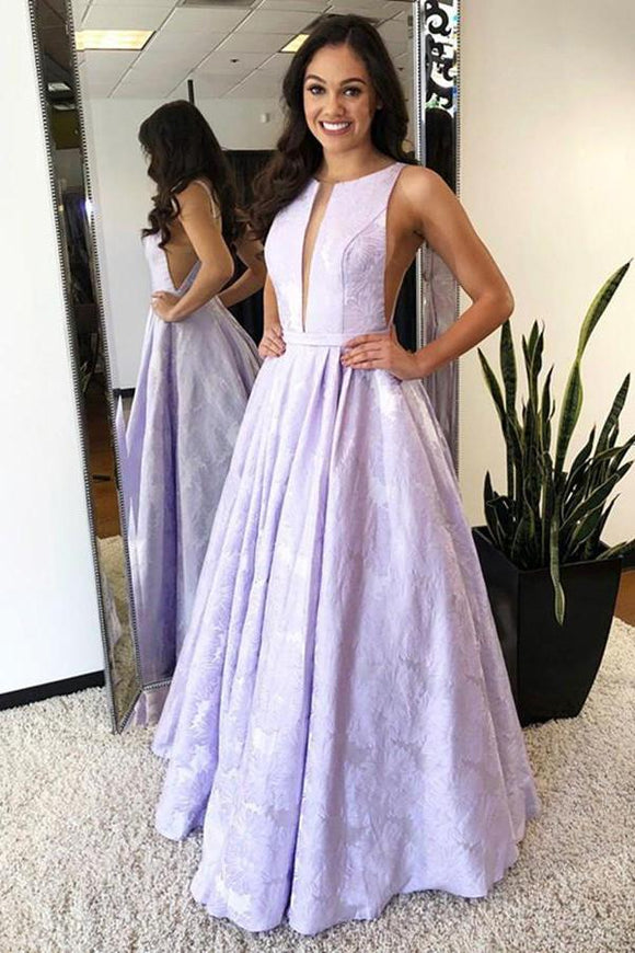 A-Line Floor-Length Lilac Printed Prom Dress, Simple Long Evening Dresses