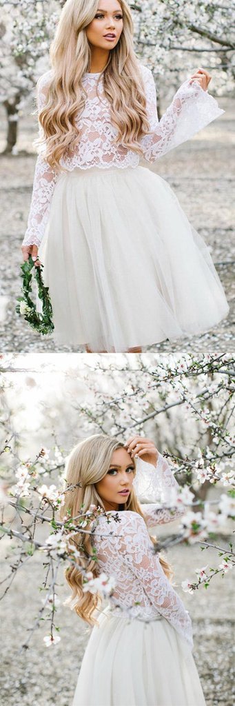 knee length dresses for ladies Off White Tulle Long Sleeve Lace Two Pieces Short Cheap Homecoming Dre –  Promfast