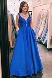 Promfast A-Line V Neck Blue Satin Long Prom/Formal Dress With Pockets PFP1911