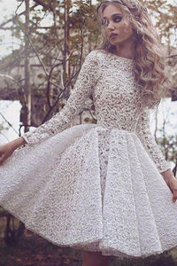 Chic Lace Scoop Long Sleeve Ivory Short Homecoming Dress Prom Party Dress PFH0019