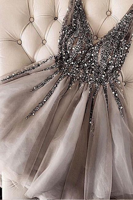 Luxurious Sequins Beaded V-neck Tulle Short Gray Homecoming Dresses PF Promfast Luxurious Sequins Beaded V-neck Tulle Short Gray Homecoming Dresses PF Promfast