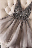 Luxurious Sequins Beaded V-neck Tulle Short Gray Homecoming Dresses PFH0003
