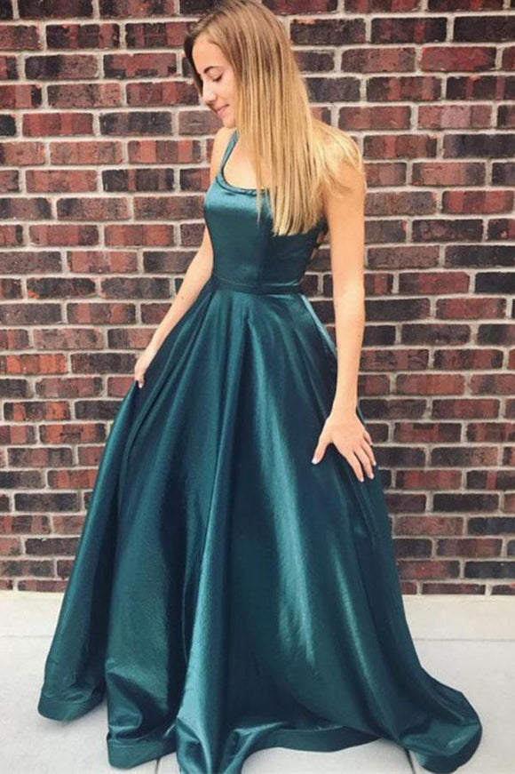 A-Line Scoop Backless Sweep Train Simple Prom Dress with Pockets PFP1435