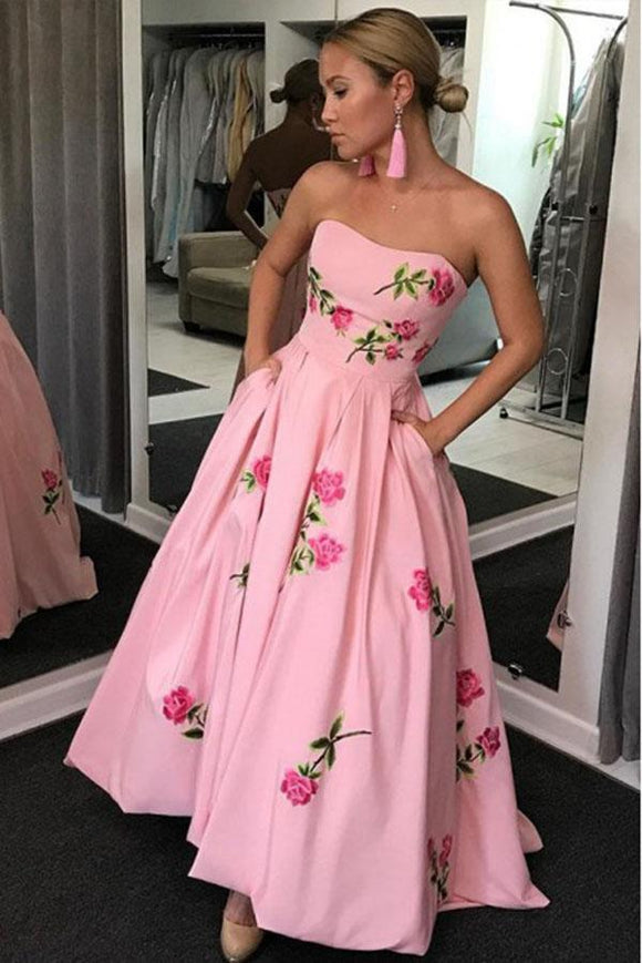 A-Line Sweetheart Strapless Pink Long Prom Dress With Embroidery Pockets PFP1436