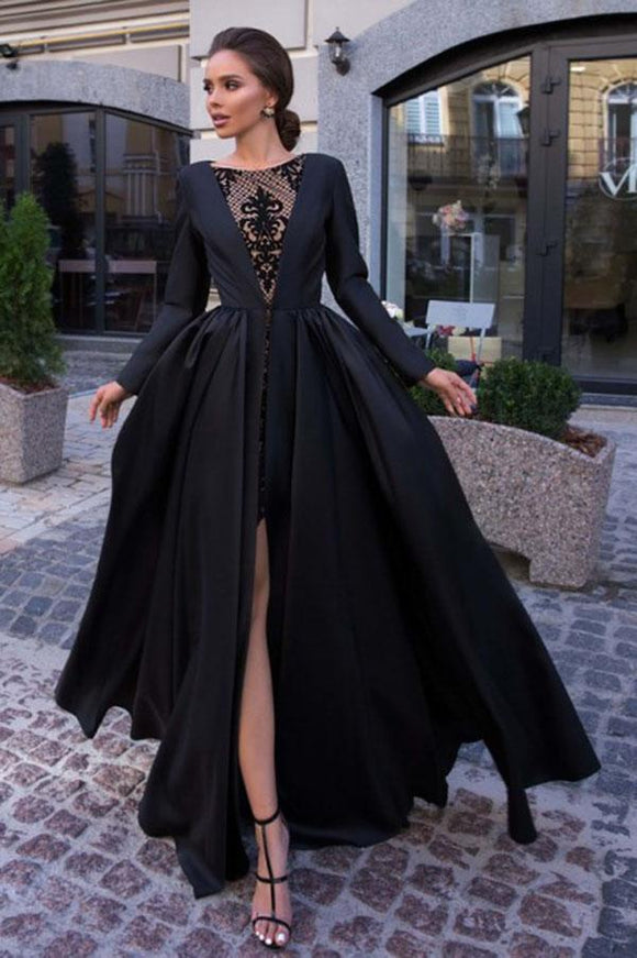 A-Line Round Neck Long Sleeves Black Long Prom Dress PFP1438