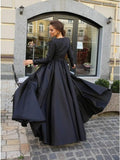 A-Line Round Neck Long Sleeves Black Long Prom Dress PFP1438