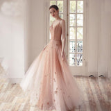 Ombre A Line Long Tulle Spaghetti Straps Prom Dresses With Beads PFP1439