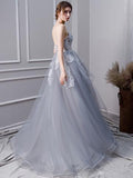 Gray A Line Long Spaghetti Straps Prom Dresses With Lace PFP1441