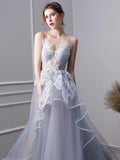 Gray A Line Long Spaghetti Straps Prom Dresses With Lace PFP1441