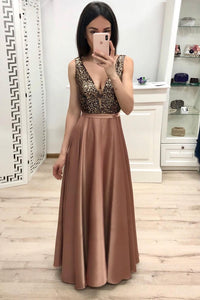 Sexy A Line Long V Neck Prom Dresses With Beads PFP1442