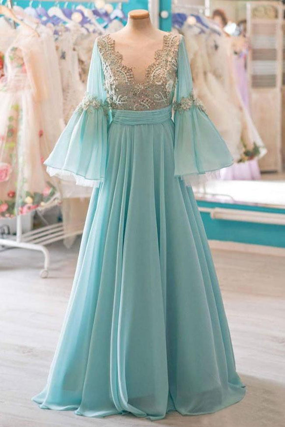 Modest A-line Chiffon Long Prom Dresses With Flare Sleeves PFP1443