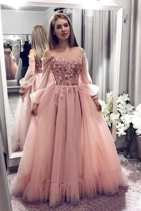 Princess Ball Gown Blush Pink Lace Prom Dresses With Long Sleeves PFP1444