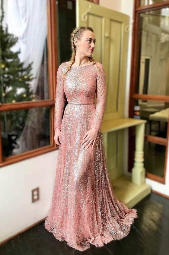 Sparkly Blush Pink Long Prom Dresses with Long Sleeves PFP1445