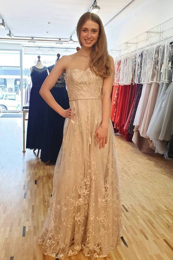 Sweetheart Long Prom Dresses Junior Formal Dresses With Lace Applique PFP1446