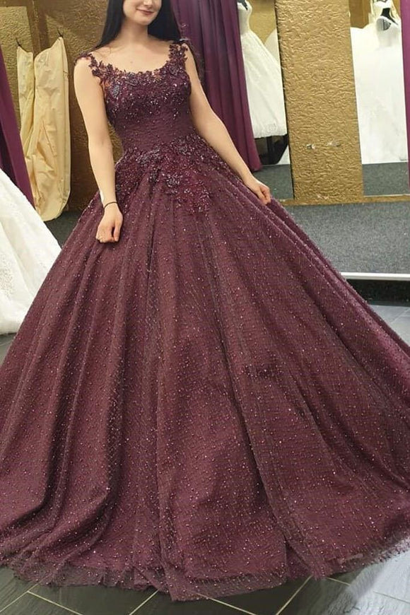 Burgundy Long Formal Ball Gown Prom Dresses With Lace Applique PFP1447