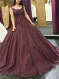 Burgundy Long Formal Ball Gown Prom Dresses With Lace Applique PFP1447