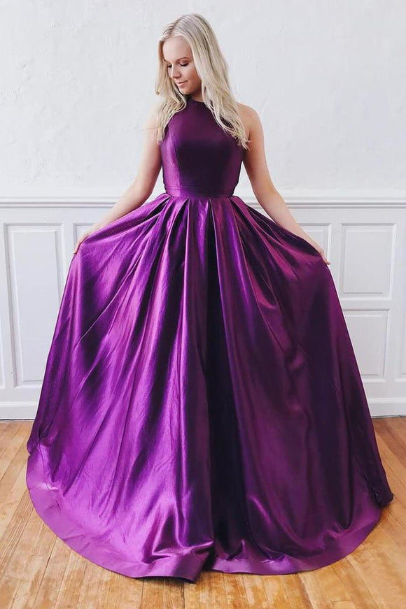 Cheap Purple Backless Long Prom Dresses With Pockets PFP1448
