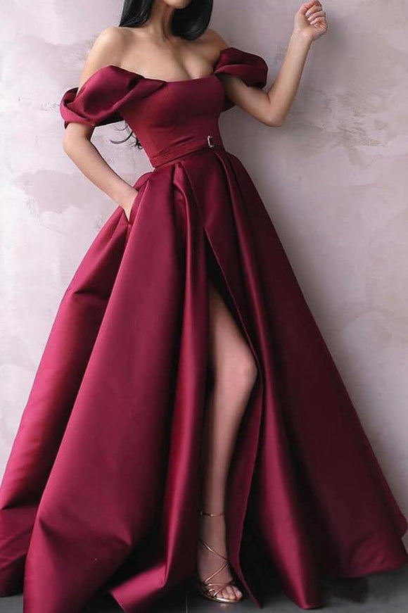 Burgundy Off The Shoulder Prom Dresses Long Formal Dresses With Slit PFP1450