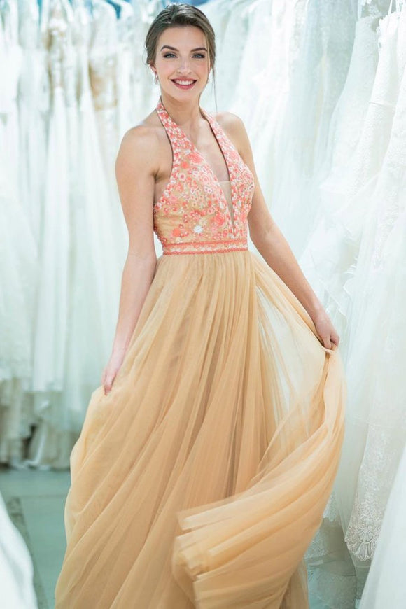 Stunning A Line Gold Halter Long Tulle Prom Dresses With Beads PFP1452