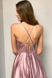 A Line Pink Spaghetti Straps Long Split Prom Dresses With Pockets PFP1453