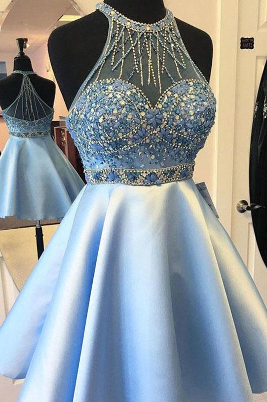 A-Line Blue Satin Sleeveless Beaded Short Homecoming Dresses PFH0022 Promfast A-Line Blue Satin Sleeveless Beaded Short Homecoming Dresses PFH0022 Promfast