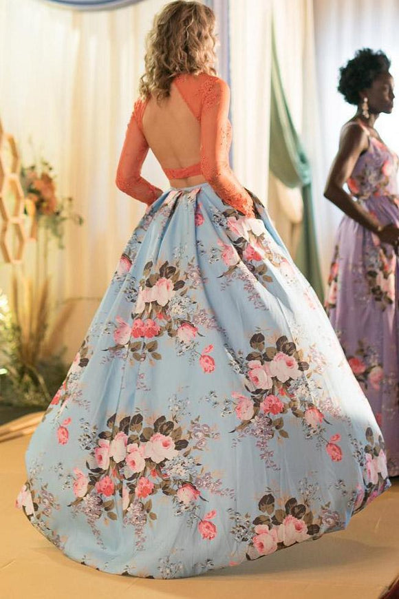 Two Pieces Long Sleeves Prom Dresses, Floral Print Prom Gown With Pock Promfast Two Pieces Long Sleeves Prom Dresses, Floral Print Prom Gown With Pock Promfast