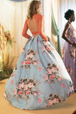 Two Pieces Long Sleeves Prom Dresses, Floral Print Prom Gown With Pockets PFP1456