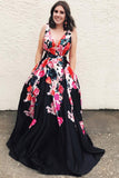 A Line Black V Neck Appliques Prom Dresses, Long Cheap Prom Gown PFP1457